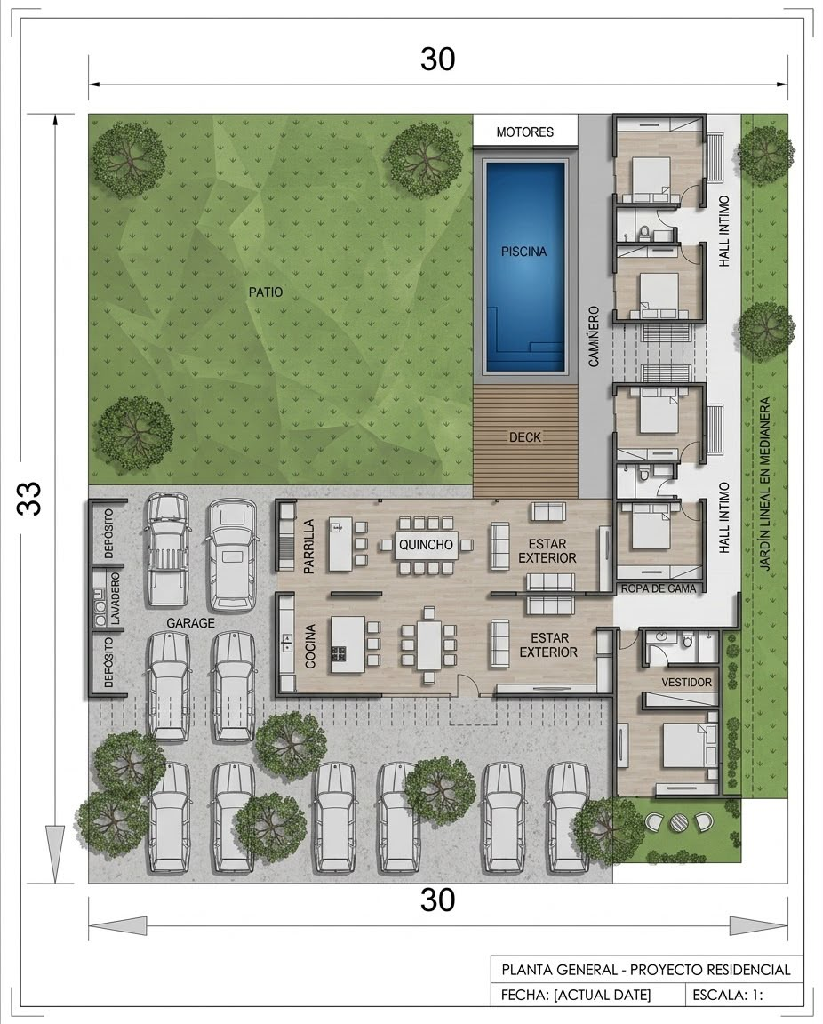 Planta del anteproyecto sobre un lote de 30 por 33 metros