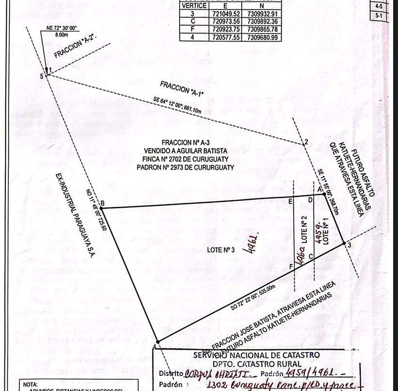 Subdivision plan: the sale covers lot 3, cadastral number 4961, bounded by B–E–F–4; lots 1 and 2 are excluded